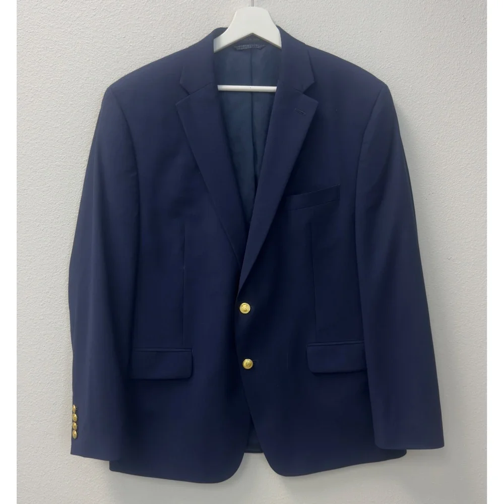 Lauren Ralph Lauren Blazer Mens 44R Navy Blue Wool Blend Gold Buttons Preppy